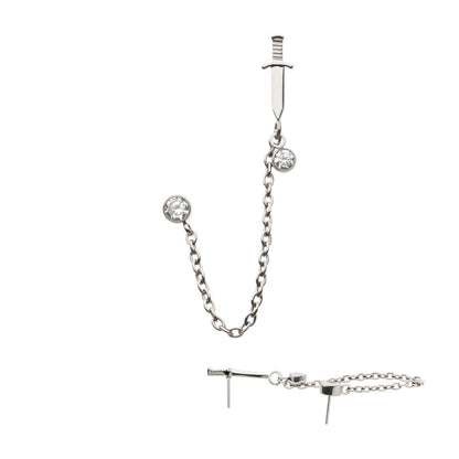 Titanium Threadless Dagger & Duo Bezel Round CZ with Rolo Chain Dangle Tops