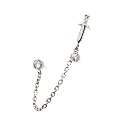 Titanium Threadless Dagger & Duo Bezel Round CZ with Rolo Chain Dangle Tops