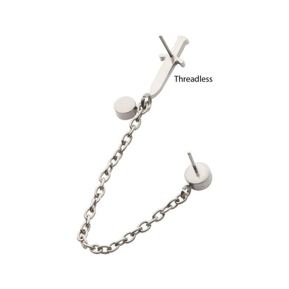 Titanium Threadless Dagger & Duo Bezel Round CZ with Rolo Chain Dangle Tops