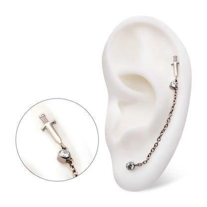 Titanium Threadless Dagger & Duo Bezel Round CZ with Rolo Chain Dangle Tops