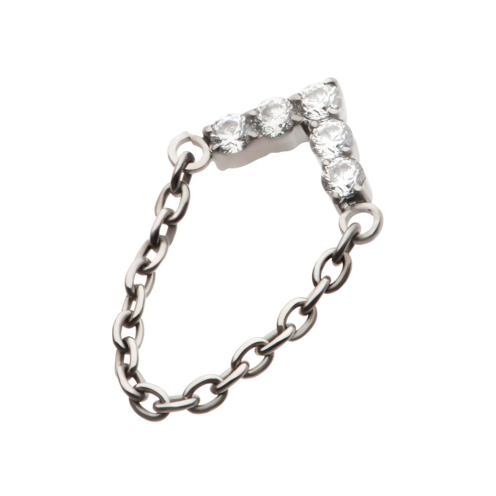 Titanium Threadless 5-Cluster Round AAA CZ Chevron Shape Top with Dangle Chain