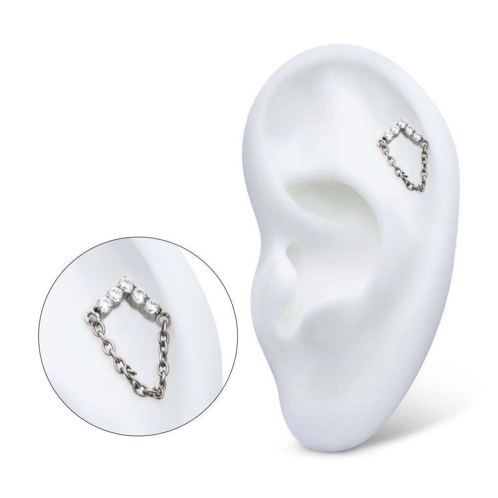 Titanium Threadless 5-Cluster Round AAA CZ Chevron Shape Top with Dangle Chain