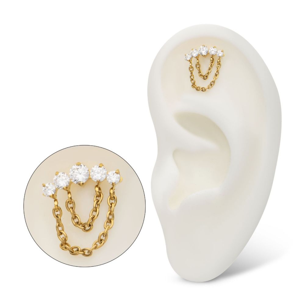 24Kt Gold PVD Titanium Threadless 5-Cluster Round AAA CZ Top with 2 Tier Dangle Chain