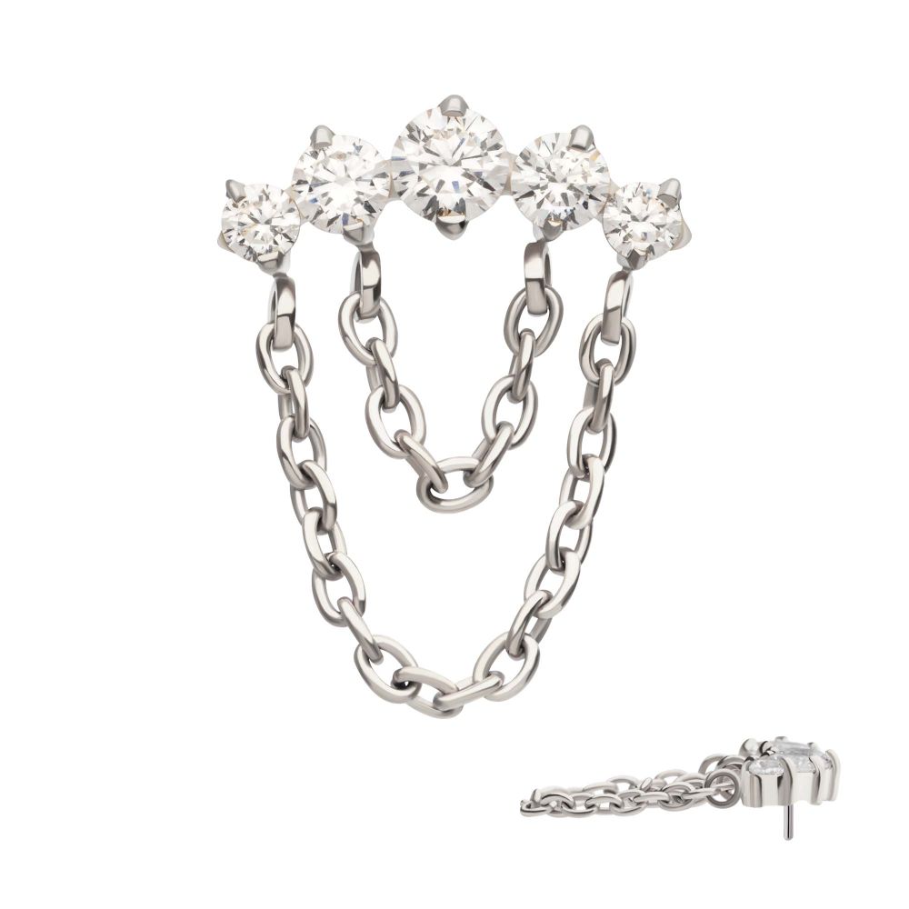 Titanium Threadless 5-Cluster Round AAA CZ Top with 2 Tier Dangle Chain