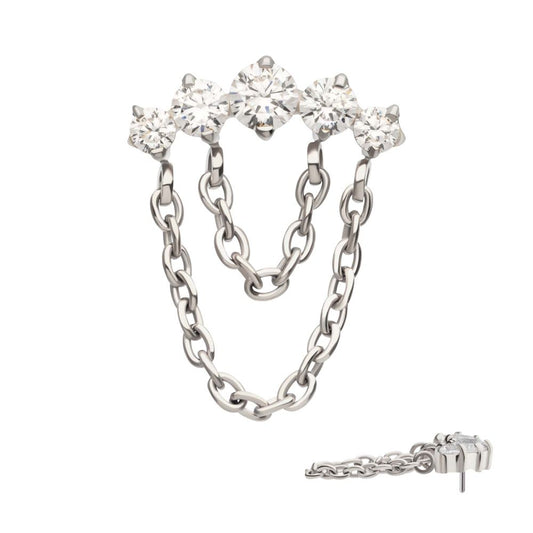 Titanium Threadless 5-Cluster Round AAA CZ Top with 2 Tier Dangle Chain