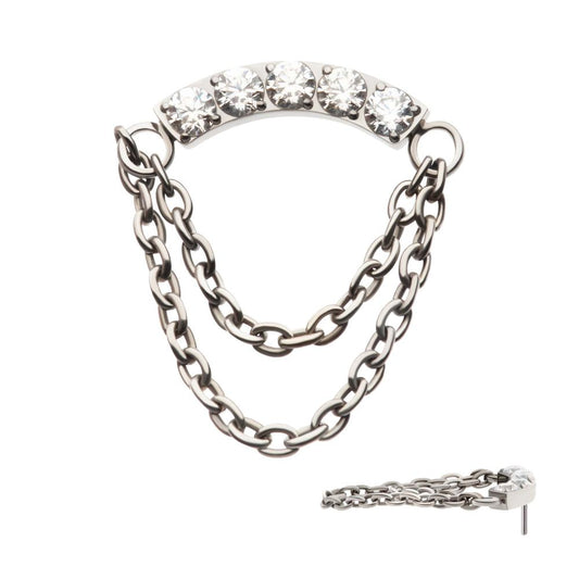 Titanium Threadless 5-Cluster Round AAA CZ Curved Bar Top with 2 Tier Dangle Chain