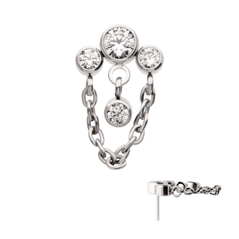 Titanium Threadless 3-Cluster Bezel Round CZ Top with Chain & Gem Dangles