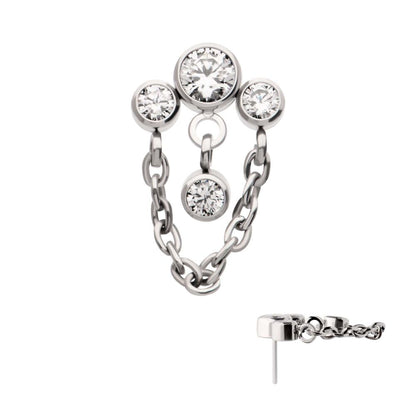 Titanium Threadless 3-Cluster Bezel Round CZ Top with Chain & Gem Dangles