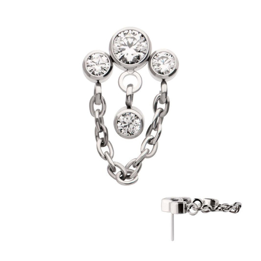 Titanium Threadless 3-Cluster Bezel Round CZ Top with Chain & Gem Dangles