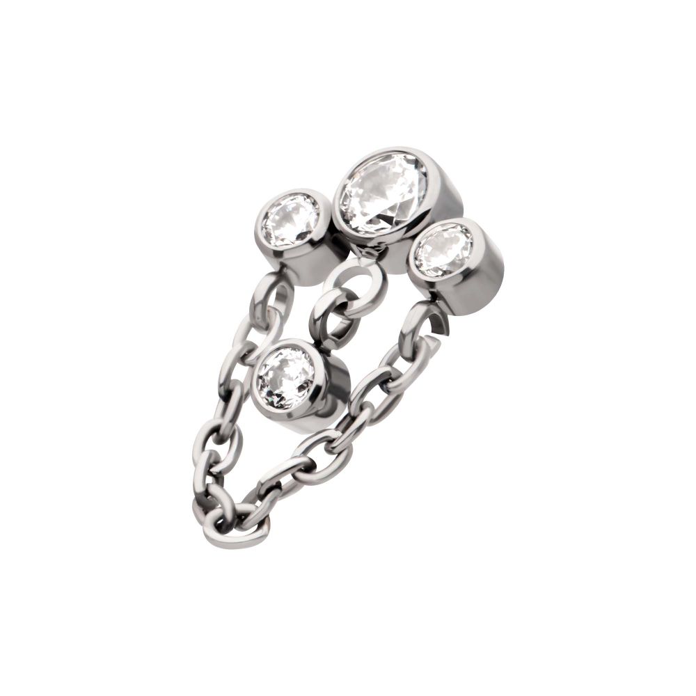 Titanium Threadless 3-Cluster Bezel Round CZ Top with Chain & Gem Dangles