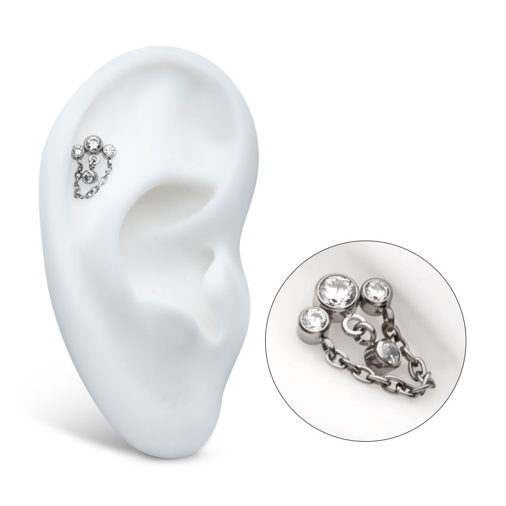 Titanium Threadless 3-Cluster Bezel Round CZ Top with Chain & Gem Dangles