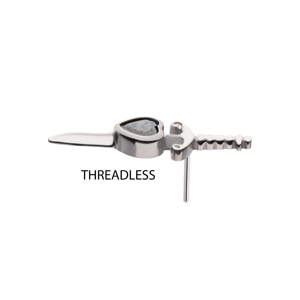 Titanium Threadless Dagger with Bezel Set Black Heart Gem Top