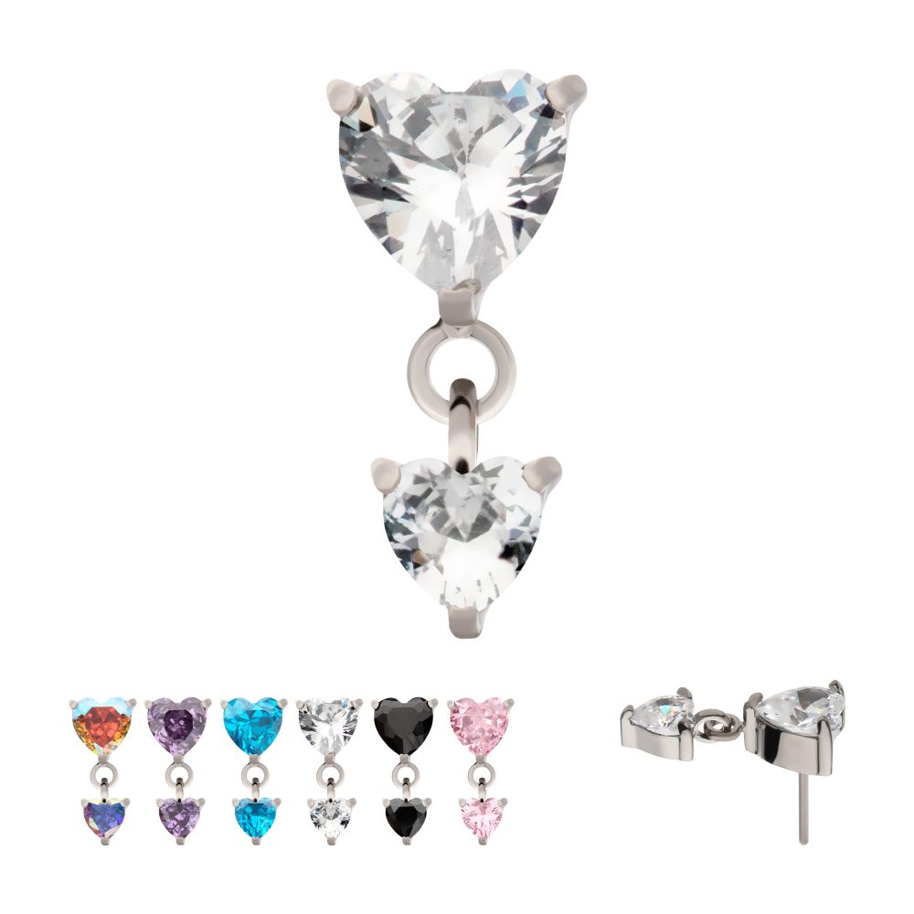 Titanium Threadless Prong Set Double Heart Gem Dangle Top