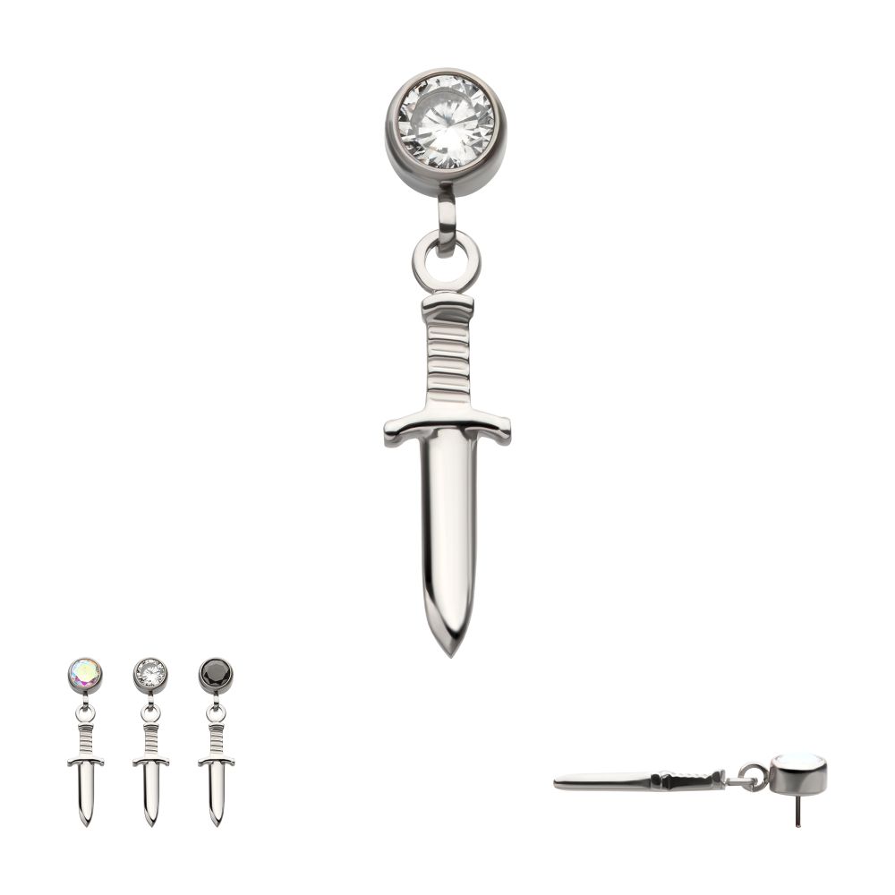 Titanium Threadless Bezel Round CZ Dangle Dagger Top