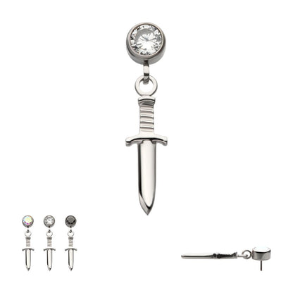 Titanium Threadless Bezel Round CZ Dangle Dagger Top