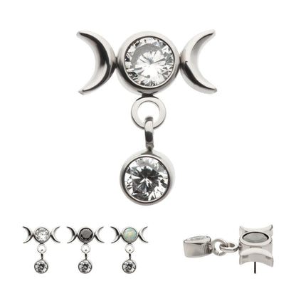Titanium Threadless Dangle Bezel Round CZ Triple Moon Phase Gem Top