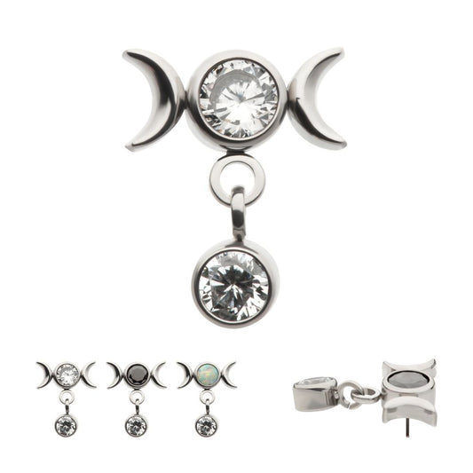 Titanium Threadless Dangle Bezel Round CZ Triple Moon Phase Gem Top