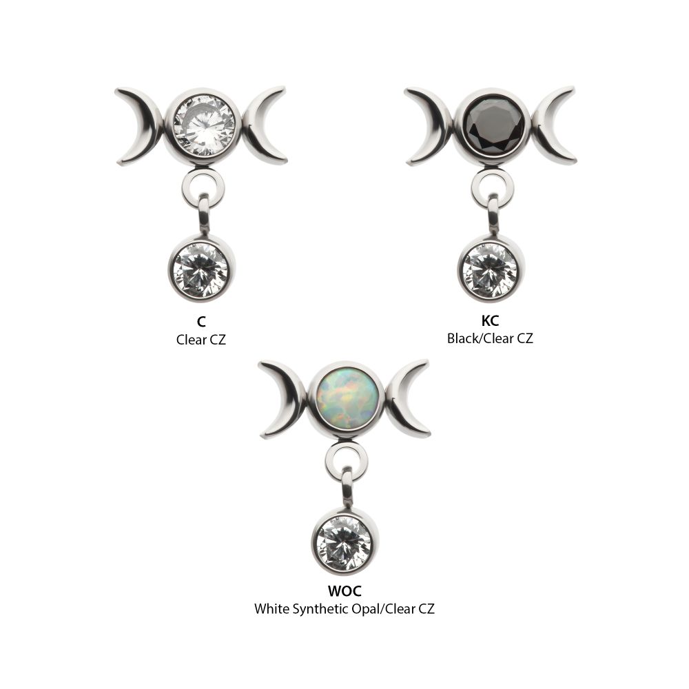 Titanium Threadless Dangle Bezel Round CZ Triple Moon Phase Gem Top
