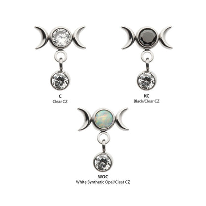 Titanium Threadless Dangle Bezel Round CZ Triple Moon Phase Gem Top