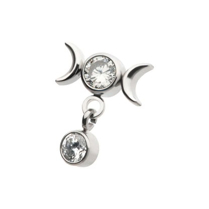Titanium Threadless Dangle Bezel Round CZ Triple Moon Phase Gem Top