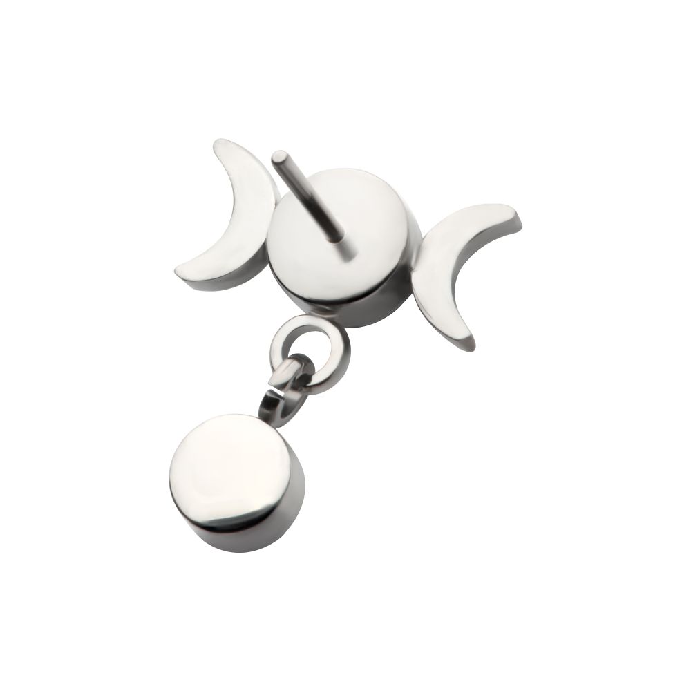 Titanium Threadless Dangle Bezel Round CZ Triple Moon Phase Gem Top