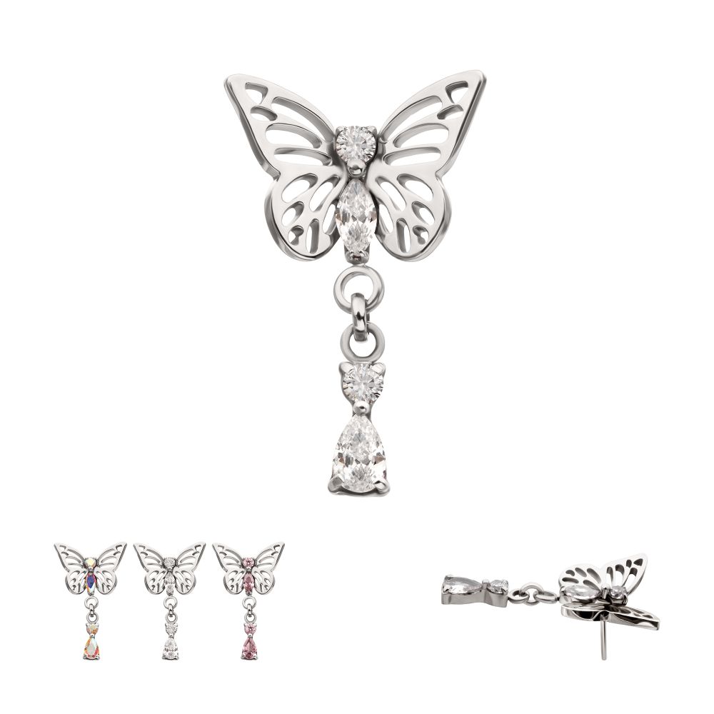 Titanium Threadless Butterfly Top with Prong Set 2-Gem Dangle