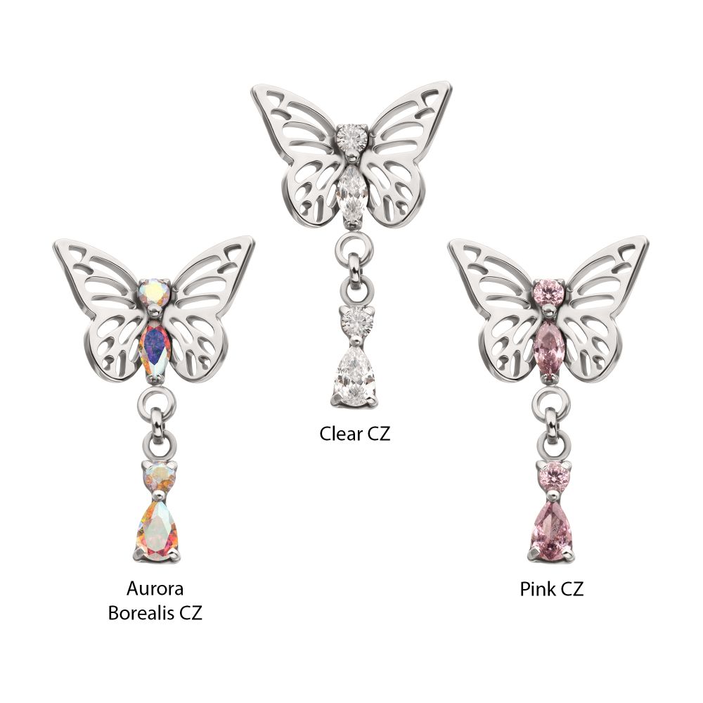 Titanium Threadless Butterfly Top with Prong Set 2-Gem Dangle