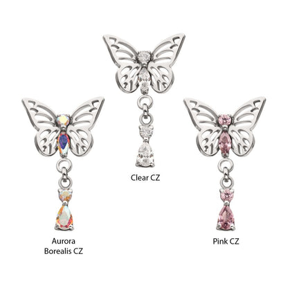 Titanium Threadless Butterfly Top with Prong Set 2-Gem Dangle