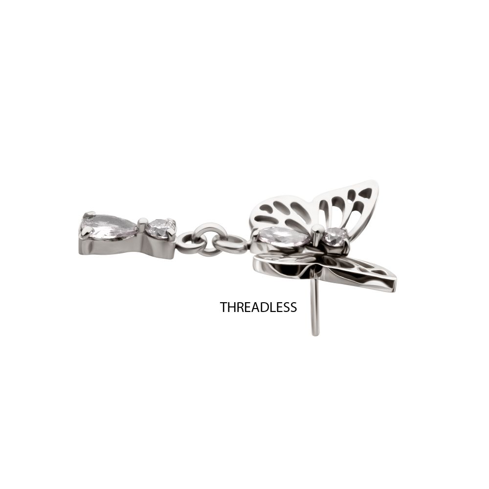 Titanium Threadless Butterfly Top with Prong Set 2-Gem Dangle