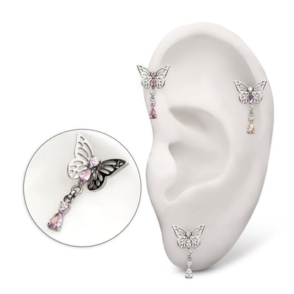 Titanium Threadless Butterfly Top with Prong Set 2-Gem Dangle