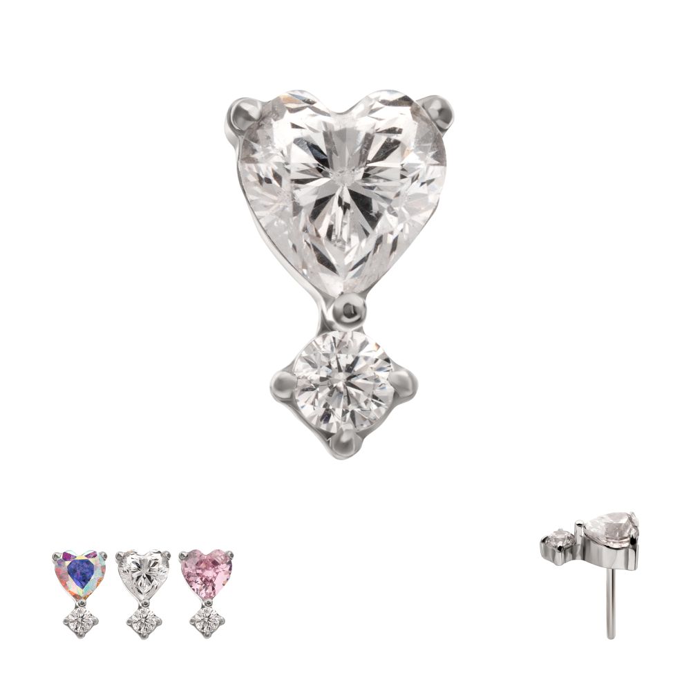 Titanium Threadless Prong Set Heart Top with Clear Round Gem