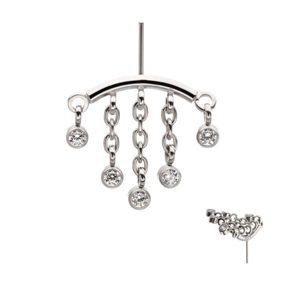 Titanium Threadless Hidden Helix Curved Bar Top with 5-Chain Bezel Gem Dangle