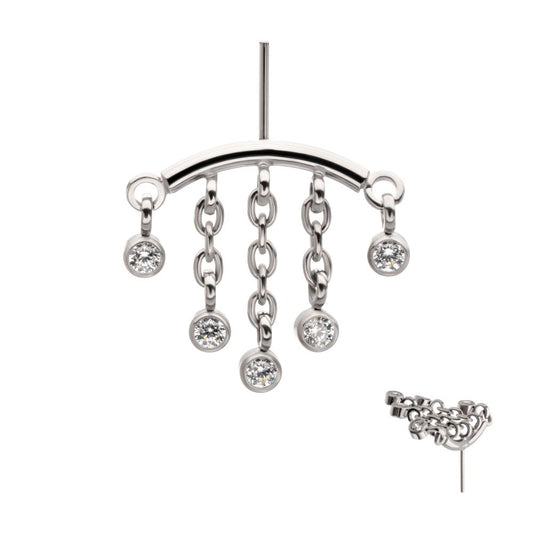 Titanium Threadless Hidden Helix Curved Bar Top with 5-Chain Bezel Gem Dangle