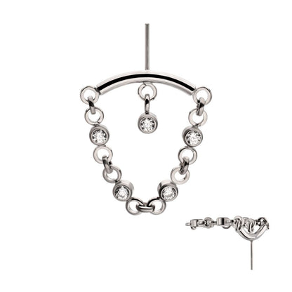 Titanium Threadless Hidden Helix Curved Bar Top with CZ Chain Dangle & Floating Gem