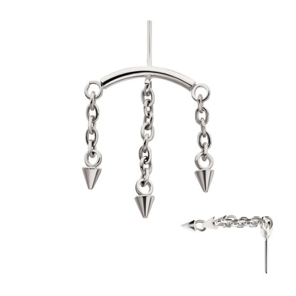 Titanium Threadless Hidden Helix Curved Bar Top with 3 Spiked Chain Dangle