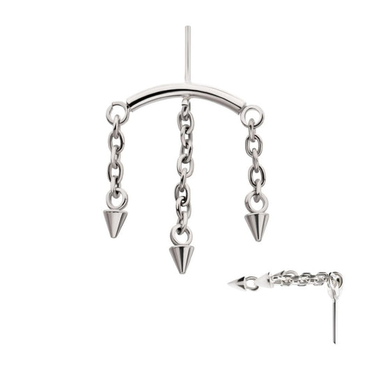 Titanium Threadless Hidden Helix Curved Bar Top with 3 Spiked Chain Dangle