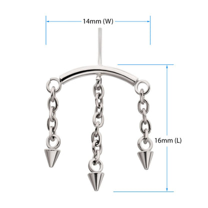 Titanium Threadless Hidden Helix Curved Bar Top with 3 Spiked Chain Dangle