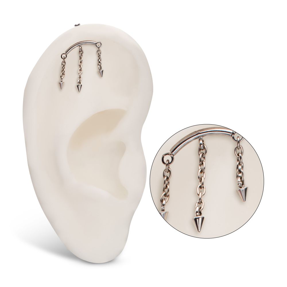 Titanium Threadless Hidden Helix Curved Bar Top with 3 Spiked Chain Dangle