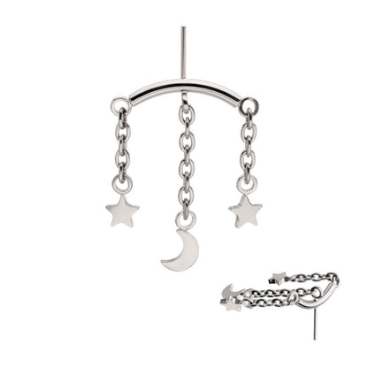 Titanium Threadless Hidden Helix Curved Bar Top with Crescent Moon and Star 3-Chain Dangle