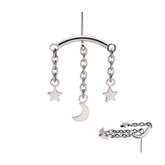 Titanium Threadless Hidden Helix Curved Bar Top with Crescent Moon and Star 3-Chain Dangle