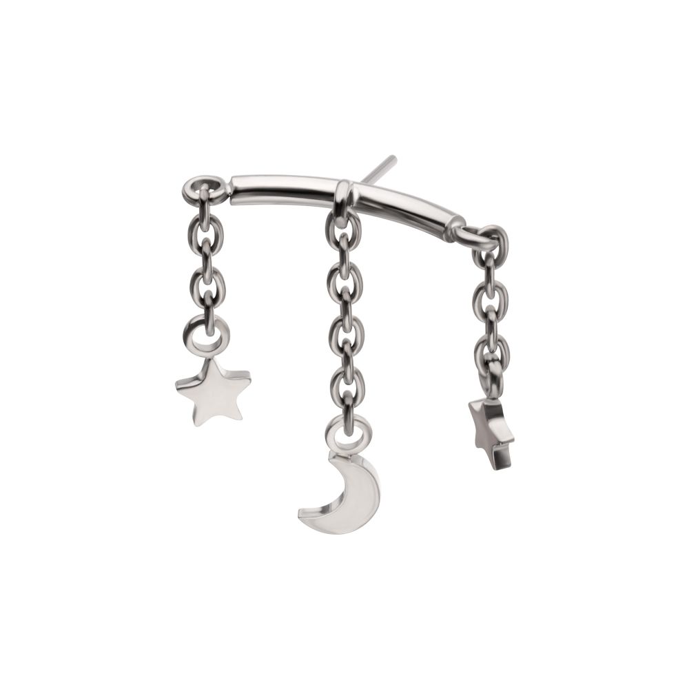 Titanium Threadless Hidden Helix Curved Bar Top with Crescent Moon and Star 3-Chain Dangle