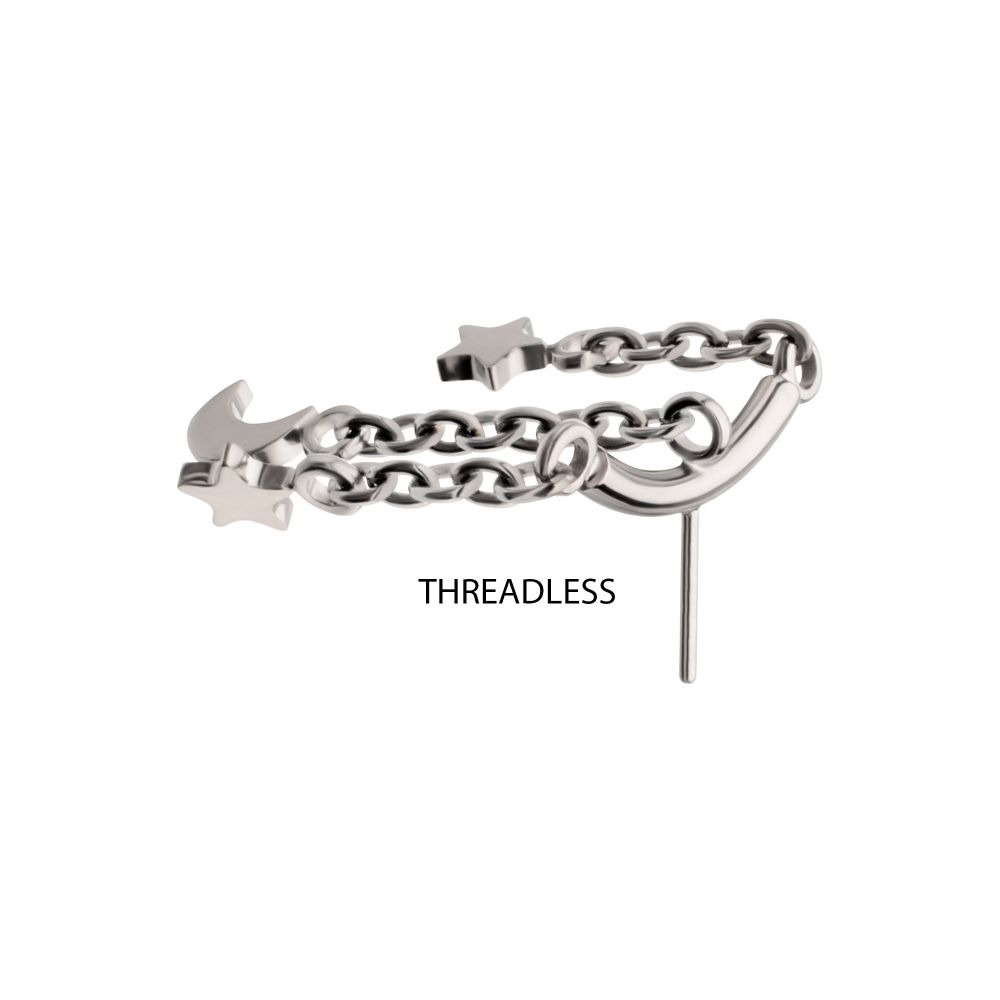 Titanium Threadless Hidden Helix Curved Bar Top with Crescent Moon and Star 3-Chain Dangle