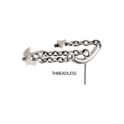 Titanium Threadless Hidden Helix Curved Bar Top with Crescent Moon and Star 3-Chain Dangle