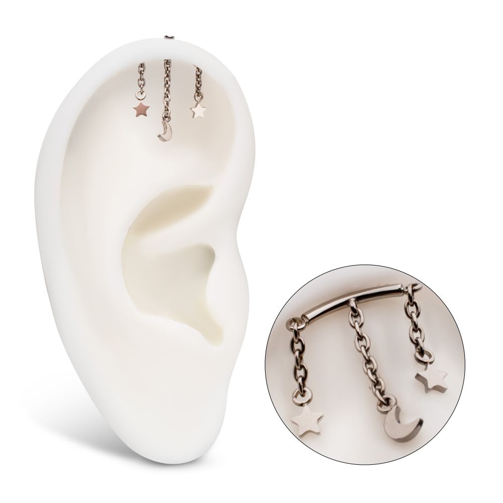 Titanium Threadless Hidden Helix Curved Bar Top with Crescent Moon and Star 3-Chain Dangle