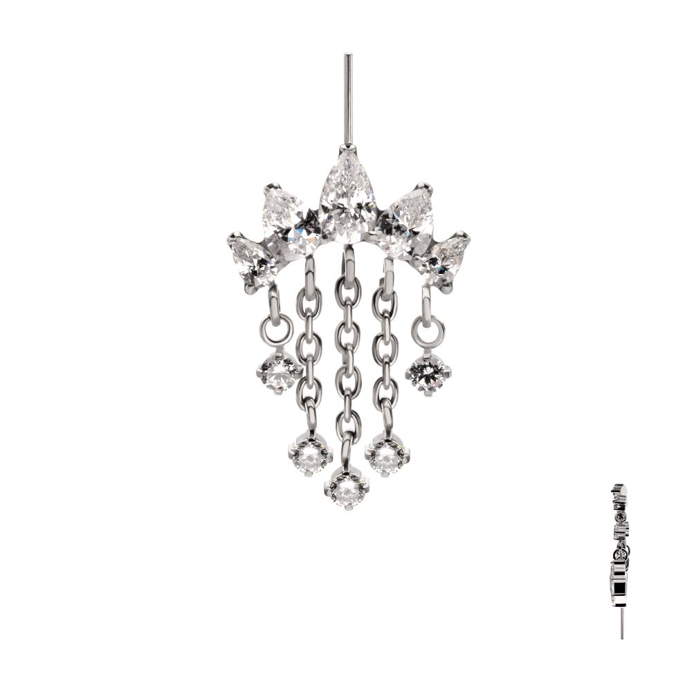 Titanium Threadless Hidden Helix 5-Cluster Teardrop Gem Curved Bar Top with 5-Chain Prong Gem Dangle