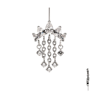 Titanium Threadless Hidden Helix 5-Cluster Teardrop Gem Curved Bar Top with 5-Chain Prong Gem Dangle