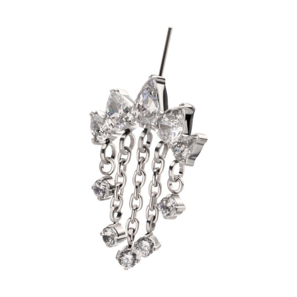 Titanium Threadless Hidden Helix 5-Cluster Teardrop Gem Curved Bar Top with 5-Chain Prong Gem Dangle