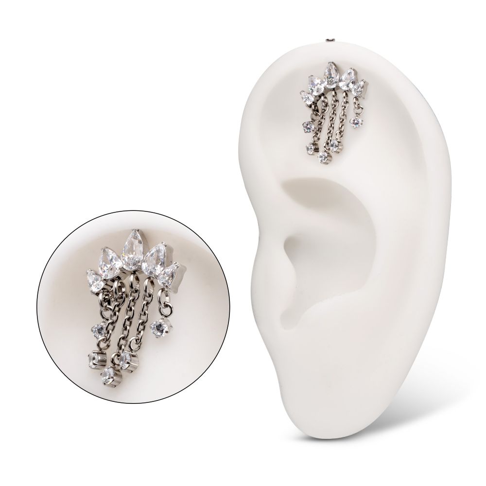 Titanium Threadless Hidden Helix 5-Cluster Teardrop Gem Curved Bar Top with 5-Chain Prong Gem Dangle