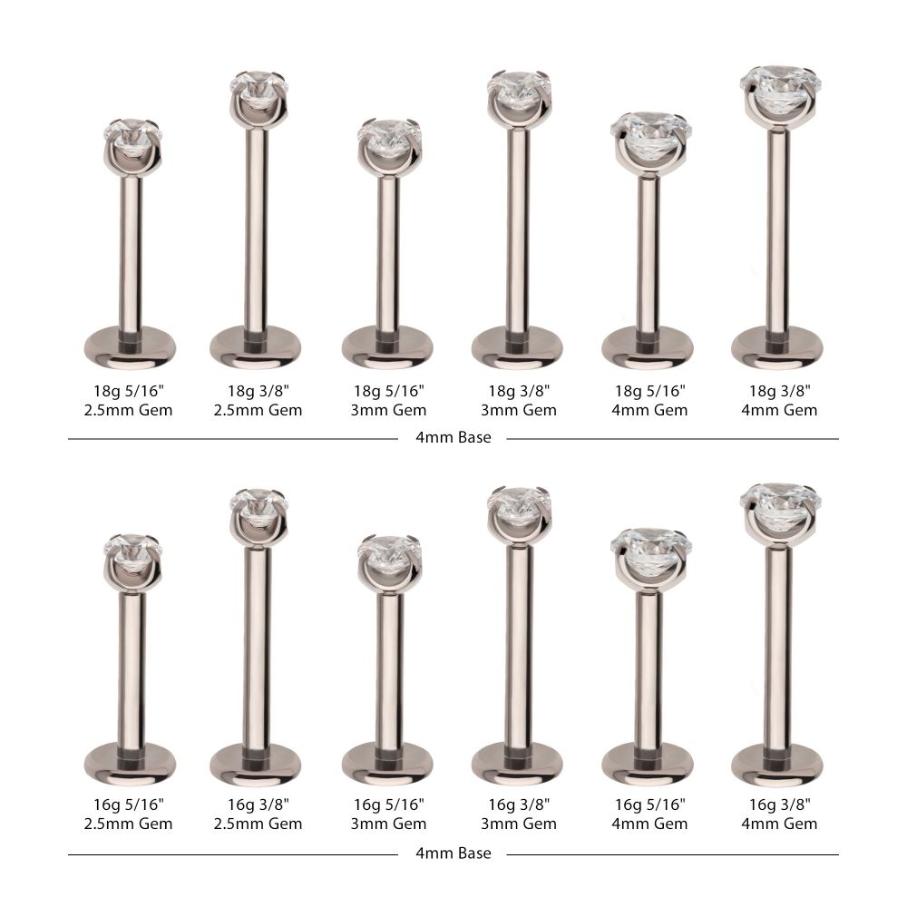 Titanium Threadless Labret with Prong Set CZ Top & 4mm Base
