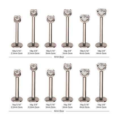 Titanium Threadless Labret with Prong Set CZ Top & 4mm Base
